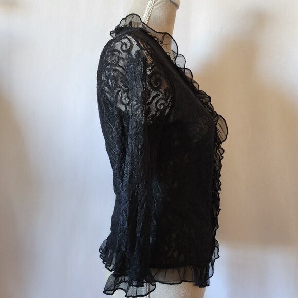 Uniform John Paul Richard Women's Size M Black Sheer Ruffle Lace Faux Button Top - Picture 8 of 13